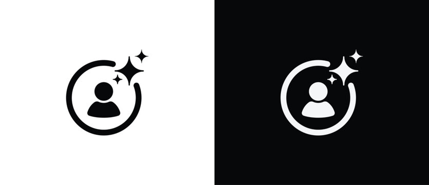 Peson symbol with Artificial Intelligence in circular shape. AI engineered app icon. Sparkling star in flat style. Artificial Intelligence star logo. Digital brain, media, multimedia, button.