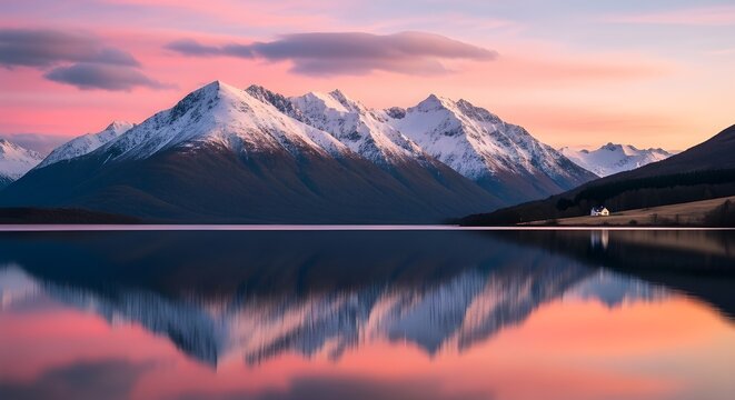 Majestic snow capped mountains reflecting in calm lake waters at sunset with vibrant pink and orange sky creating serene landscape