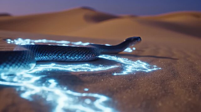 A glowing snake slithers across the sand dunes at night, illuminated by bioluminescent light, creating a mysterious and captivating scene in the desert landscape