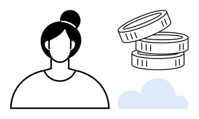 Profile of a woman and a stack of coins near a cloud, symbolizing wealth, savings, finance, cloud technology, digital economy, investment, success. Ideal for financial planning innovation simple