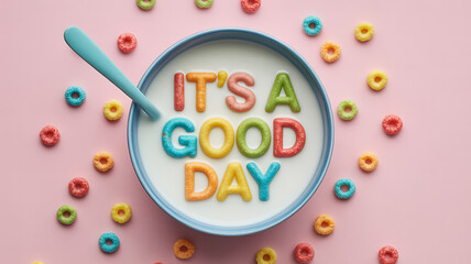 Topdown view of a bowl of cereal with its a good day spelled out in letters