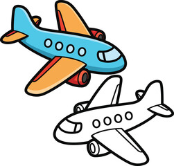 A cute cartoon passenger airplane illustration shown in both a vibrant blue and orange color version and a black and white line art outline.