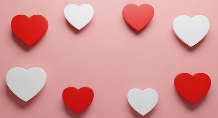 A modern minimalist Valentine’s background featuring clean and bold red and white heart shapes arranged with perfect balance on a smooth pastel pink surface.