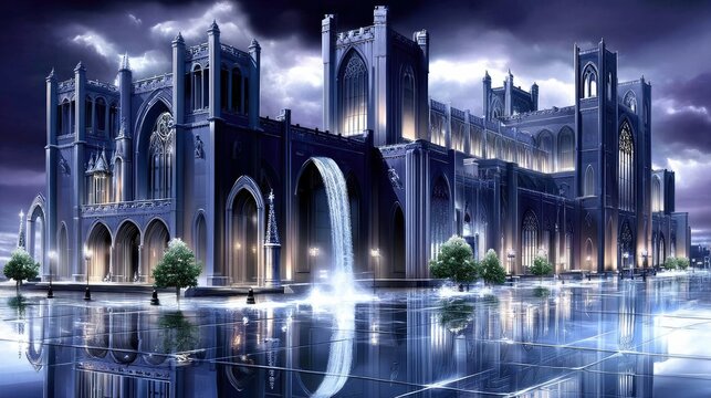 A grand, imposing Gothic cathedral with intricate architectural details, featuring a dramatic waterfall cascading down its facade. The scene is set at night wit - Powered by Adobe