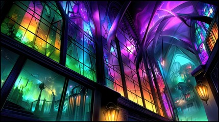 Interior view of a grand gothic cathedral with ornate stained glass windows casting vibrant rainbow colors and dramatic purple hues on the vaulted ceiling. Lant