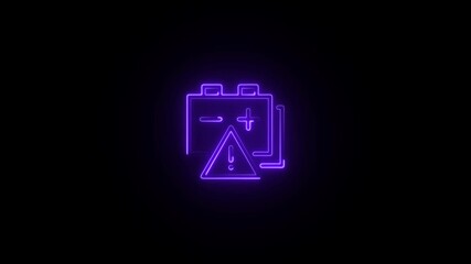 Purple Neon Car Battery Icon with Exclamation Mark in Triangle on Black Background vehicle power