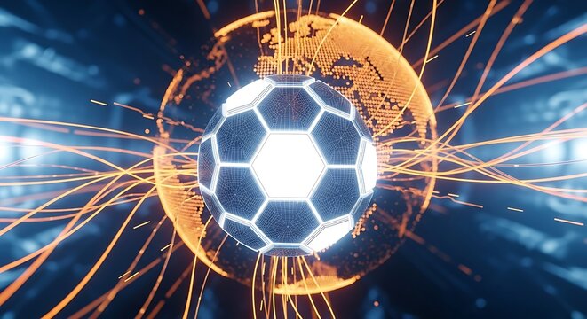 Futuristic soccer ball with glowing lines and world map backdrop - Powered by Adobe