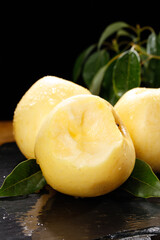 Fresh Yellow Venus Apples with Leaves - Sweet Golden Fruit Variety