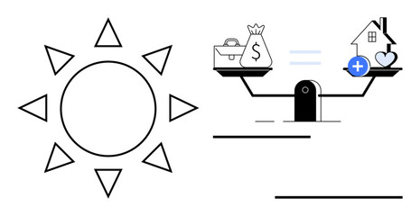 Financial focus. Balancing financial goals and health priorities with visual symbols of money, home, and wellness. Financial planning essential for balanced and sustainable living. Household finance