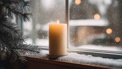 Illuminated wax pillar stands near frosted evergreen branches on a windowsill during a snowfall.