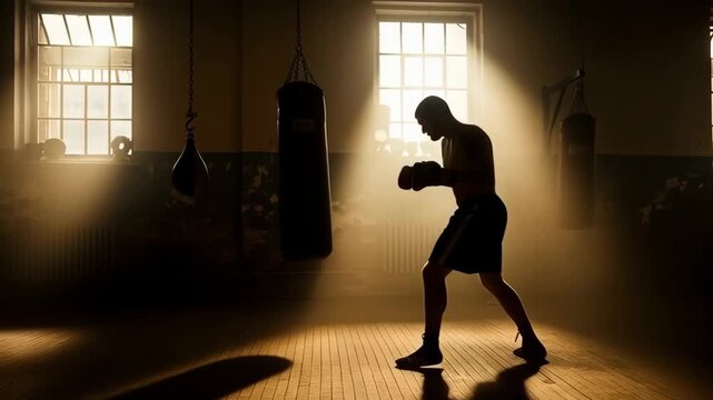 Boxer Training Hard in Dramatic Light, Shadow, and Action