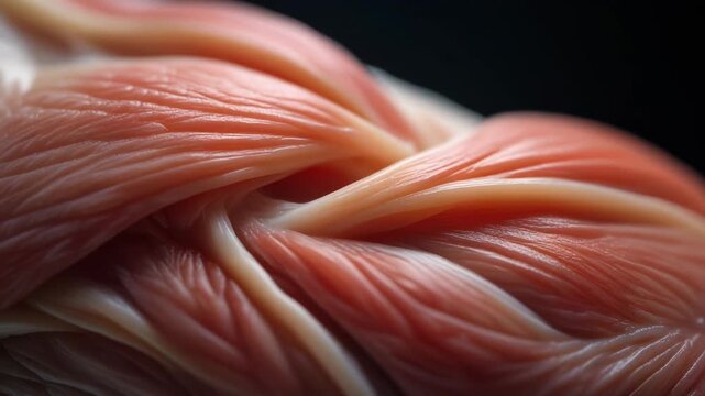 Close-up view of intricate human muscle fibers and tissue, showcasing the complex biological structure and texture of the body's musculature.