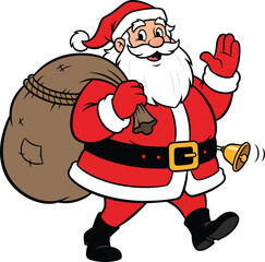 Cheerful walking Santa Claus cartoon with a toy sack waving and ringing a bell.