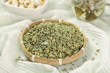 Dried Oolong Tea Leaves in Bamboo Basket with Traditional Glass Teapot Setup