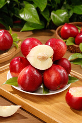 Fresh Red Nectarines with White Flesh on Wooden Board - Healthy Summer Stone Fruit