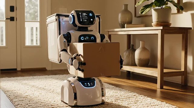 Advanced Humanoid Robot Delivers a Package Inside a Modern Home.