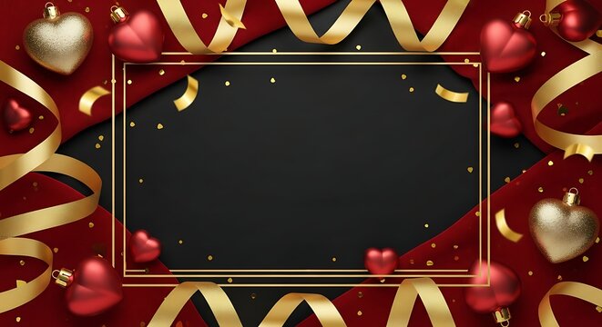 A luxurious Valentine’s theme featuring deep red velvet textures, shimmering gold ribbons, metallic heart ornaments, and elegant golden confetti floating across a dark background - Powered by Adobe