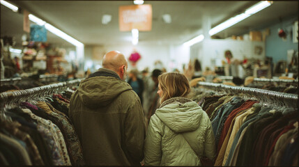 Couple Shopping in Thrift Store Filled with Jackets