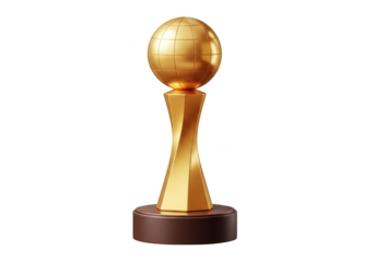 Golden Globe trophy with rotating base isolated on transparent background for awards, achievements and success