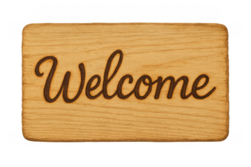 Wooden sign displaying the word welcome in elegant cursive, carved into light wood grain, on a transparent background