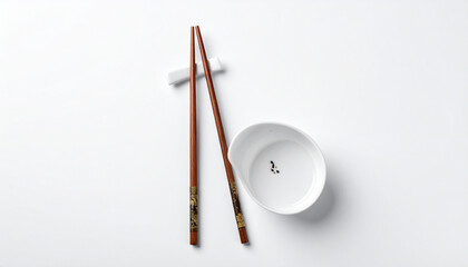 Overhead shot of chopsticks and a small bowl on a white surface.