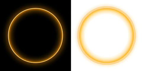 A bright yellow ring with a dark center on a black background and a white background