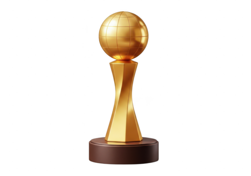 Golden Globe trophy with rotating base isolated on transparent background for awards, achievements and success