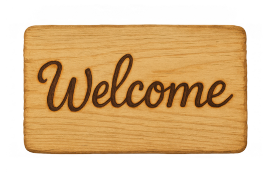 Wooden sign displaying the word welcome in elegant cursive, carved into light wood grain, on a transparent background