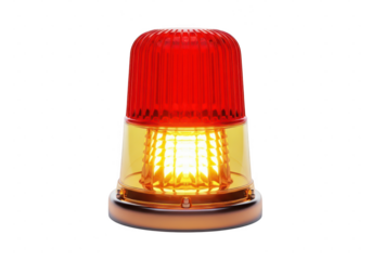 Red and amber warning beacon light with LED illumination flashing, isolated on transparent background