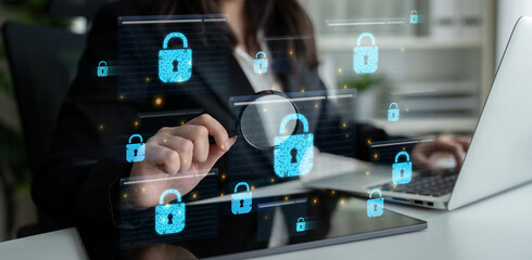 Concept of cybersecurity and a secure network. Multiple layers of data encryption and firewall protection in browsers ensure online privacy and safety from cyber threats. Fermion