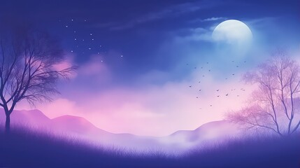 The tranquil night sky and trees with flocks of birds under moonlight create an aesthetic artistic conception.