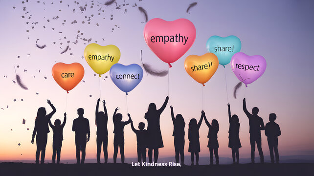 Inspiring group shows care, empathy, connection, sharing, and respect, promoting kindness and positivity with heart shaped balloons during a vibrant sunset