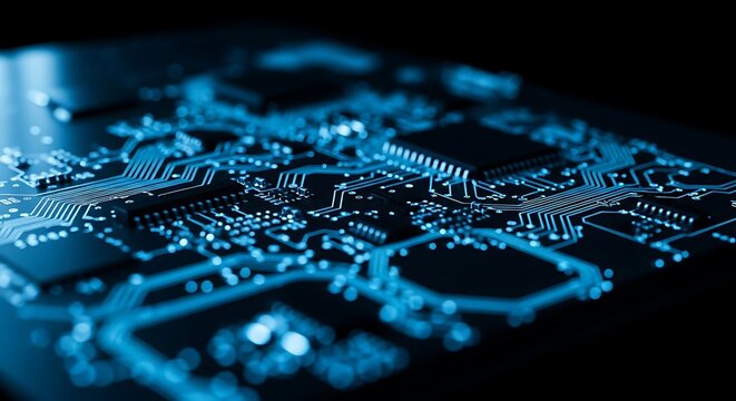 Detailed Macro Shot Of A Dark Electronic Motherboard With Bright Blue Illuminated Pathways And Integrated Circuits Symbolizing Modern Computing Power Artificial Intelligence And Global Conne