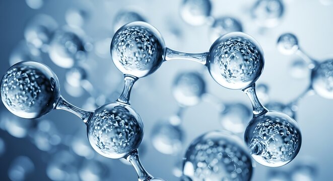 Abstract Scientific Rendering Of A Complex Molecular Lattice Structure Made Of Transparent Water Droplet Atoms Connected By Strong Bonds Against A Bright Blue Background For Technology