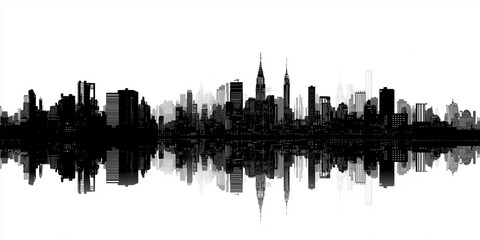 Black and white city skyline silhouette with reflection creates striking visual. tall buildings and skyscrapers are mirrored below, adding depth and symmetry to image