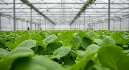 Inside a large greenhouse cultivating rows of leafy green vegetables with overhead lights