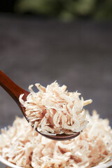 Dried Shrimp Skin Flakes on Wooden Spoon - Fresh Unsalted Seafood from Beihai for Asian Cooking