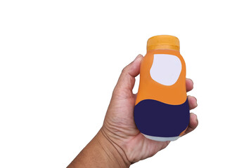 Hand holding small plastic bottle colorful label design. Bottle orange, blue, white sections, clean white background, packaging mockups, advertisements, and marketing materials. advertisement