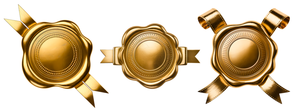 Gold Wax Seal Stamp Set with Ribbon Banner Vintage Certificate Badge PNG Transparent Background - Powered by Adobe