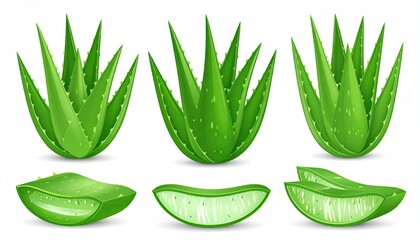 Aloe vera plants and slices on white background