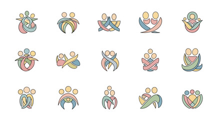 Collection of abstract logos depicting people in various arrangements, pastel colors.