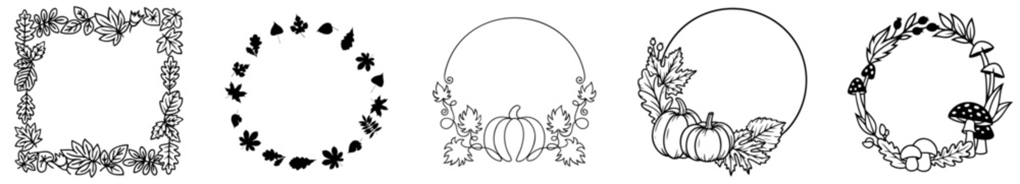 Autumn and Fall Wreath Frames. Thanksgiving leaf borders, pumpkin circle frames,