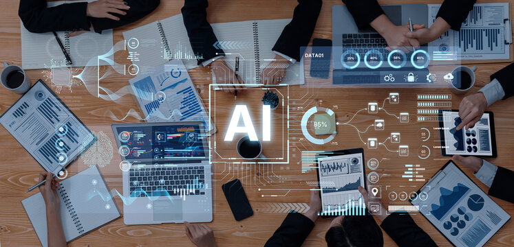 A futuristic AI dashboard for business intelligence. This platform showcases advanced data analytics, processing complex information into visual charts and graphs for strategic insights. Fermion