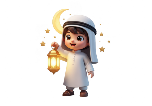 Cute cartoon boy wearing traditional Arab thobe and ghutra holding bright lantern isolated on transparent background - Powered by Adobe