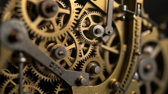 Close-up view of intricate brass gears and clockwork mechanisms, showcasing precision engineering and complex internal workings.