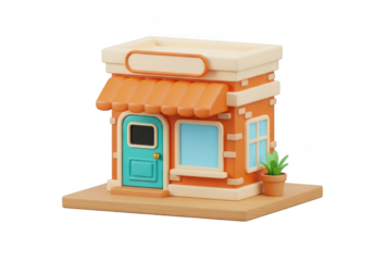 Cute 3d miniature orange shop building with blue door and awning isolated on transparent background