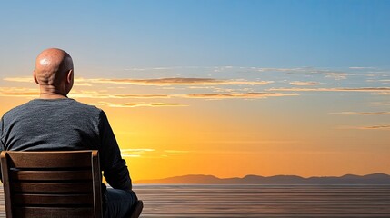 Man enjoys peaceful sunset view from wooden deck chair in quiet contemplation moment