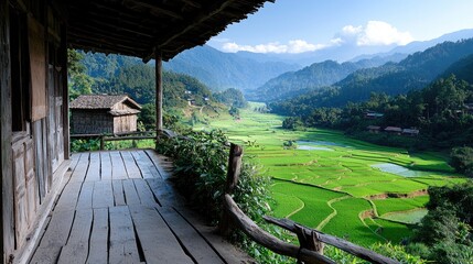 Obraz premium Incredible view of vibrant rice terraces from a rustic wooden balcony, a peaceful escape to nature