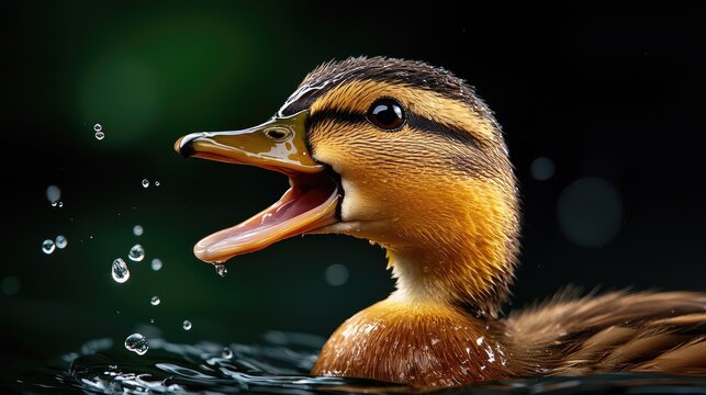 Stunning close-up of a mallard duck calling in the water with a dark, vibrant background