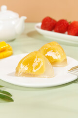 Sweet Crystal Dumplings with Heart-Shaped Golden Filling and Fresh Strawberries Dessert